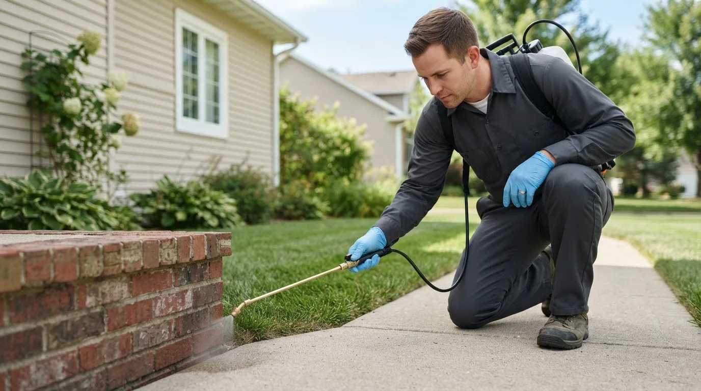 Pest control technician treating a home near Conway Springs, KS